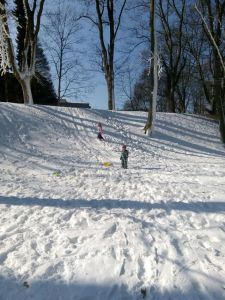 Sníh v Šimkových sadech potěší děti.